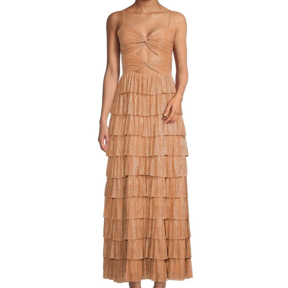Gianni Bini Grace Metallic Plisse SweetHeart Neck Cut-out tiered maxi dress 2